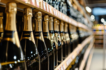 Champagne bottles on wine Store shelves. People purchasing gastronomy food concept - obrazy, fototapety, plakaty