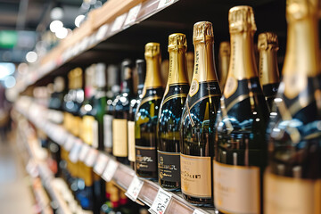 Champagne bottles on wine Store shelves. People purchasing gastronomy food concept - obrazy, fototapety, plakaty