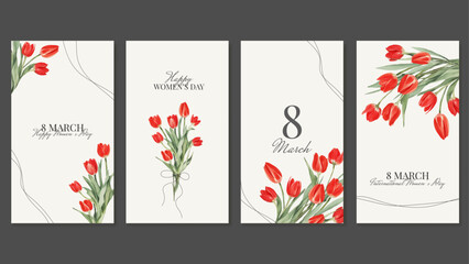 4 Vertical Covers for Social Media with Congratulations on Women's Day, 8 March With Red Tulip Bouquets in Watercolor Style. Templates Stories. Vector