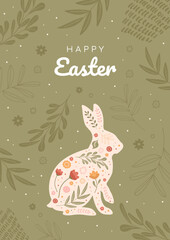 Happy Easter Sale banner, greeting card, poster, holiday cover. Rabbit Silhouette With Botanical Illustrations. Vector
