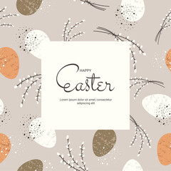 Obraz premium Square Easter Holiday Card with Seamless Pattern. Textured Easter Eggs. Vector template for social media