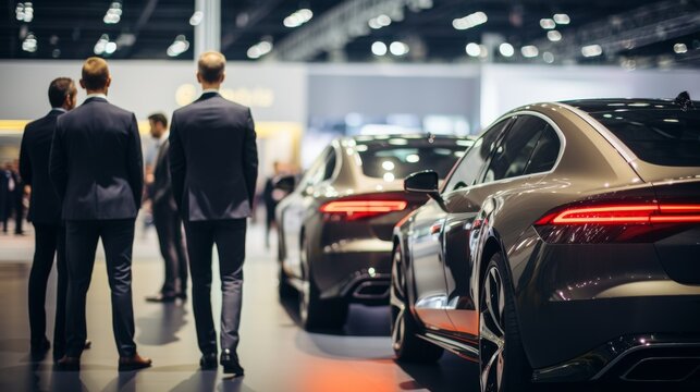 Business executives standing in exhibition car hall, new car exhibition