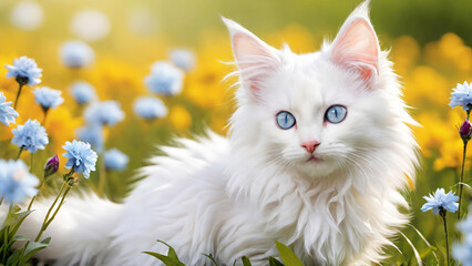 Cute white playful Turkish angora kitten with blue eyes on blurred summer meadow background.Generative AI