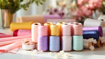 Various pastel colored fabric rolls surrounded by sewing tools - obrazy, fototapety, plakaty