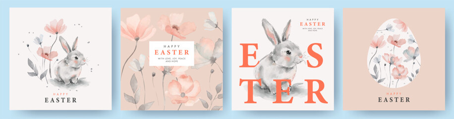 Happy Easter watercolor cards set with cute Easter rabbit, egg and spring flowers in pastel colors in light peach, soft pink, grey on white background. Isolated Easter watercolor decor elements - obrazy, fototapety, plakaty