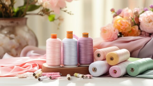 Various pastel colored fabric rolls surrounded by sewing tools