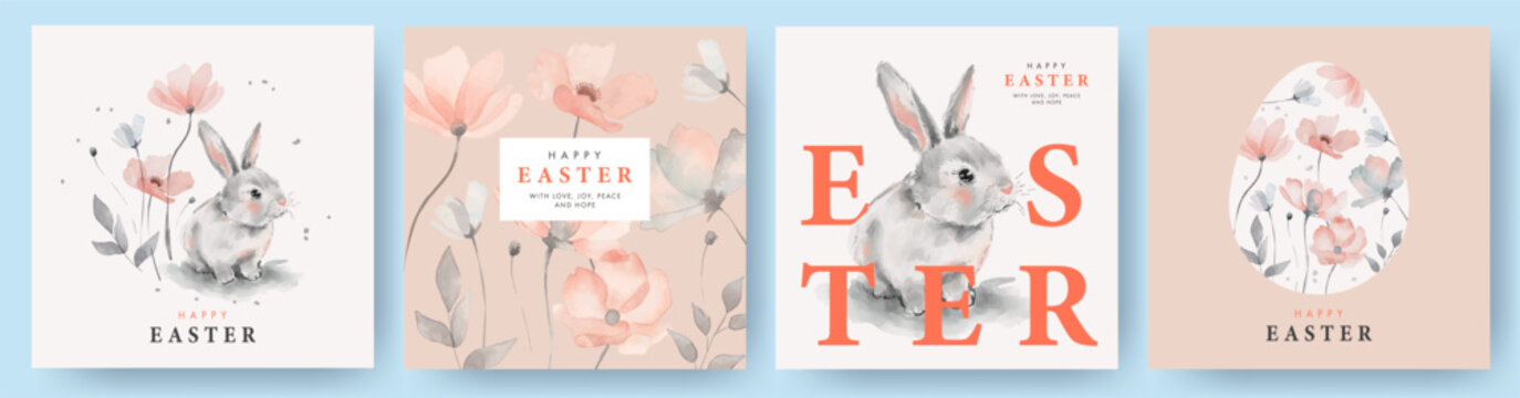 Happy Easter watercolor cards set with cute Easter rabbit, egg and spring flowers in pastel colors in light peach, soft pink, grey on white background. Isolated Easter watercolor decor elements