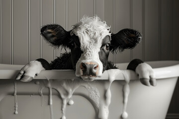 cow soaking relaxing in a bathtub