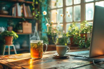 Laptop on a desk in a cosy home atmosphere by a window. A hot herbal tea steaming beside an empty coffee cup. Plants and flowers on the window sil.