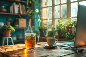 Foto op Plexiglas Laptop on a desk in a cosy home atmosphere by a window. A hot herbal tea steaming beside an empty coffee cup. Plants and flowers on the window sil. © Holly Berridge
