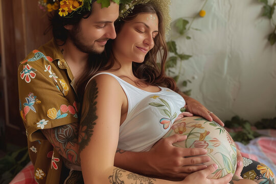 Image of a preagnant woman wearing a flower crown holding being held by her partner, holding her tummy. Blessing way workshop, happy maternity image.