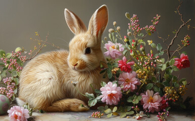 Obraz premium Rabbit among spring flowers and colorful eggs. Easter bunny and Easter eggs. Spring atmosphere.