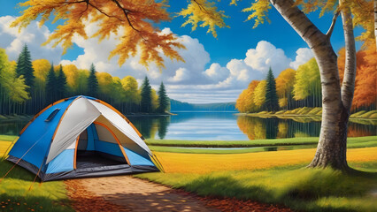 tent,tree,lake,cloud,Generative AI