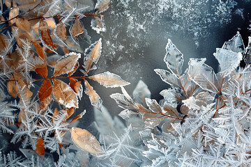 Ice Crystals and Frozen Plants. The Mystery of Winter Through Beautiful Plants and Leaves Crystallized with Ice.