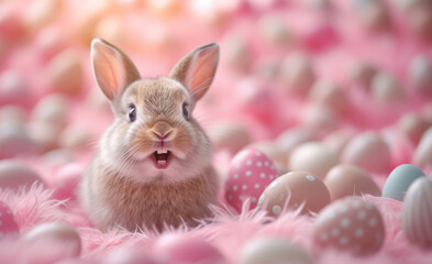 Cute fluffy bunny on a pink background. Bunny and Easter eggs. Spring mood.