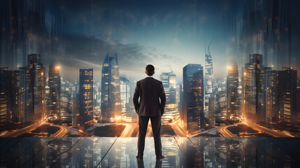 Businessman looking at the city on the background,,
Businessman walking in office room panoramic window with skyline and city wireframe hologram skyscrapers in matrix Concept of futuristic technology 