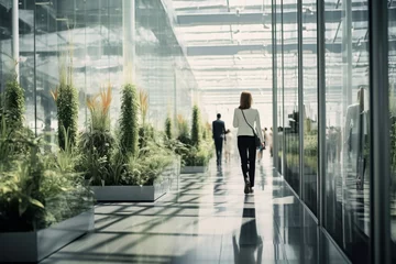 Photo sur Plexiglas Mur chinois Corporate luxury modern interior. Business open space. Hotel lobby. Business people walking in modern glass company office building. High glass walls