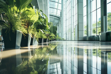 Corporate luxury modern interior. Business open space. Hotel lobby. Business modern glass company office building. High glass walls. Green interior with many plants - 737140886