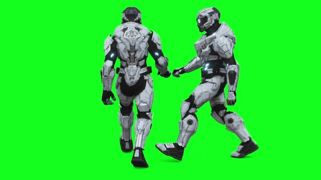 Military futuristic cyborg, robot. Realistic 4k green screen animation.