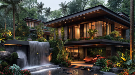 An upscale and modern home with waterfalls, green tropical plants and a luxury sports car - obrazy, fototapety, plakaty