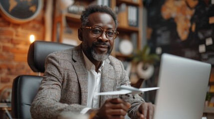 Smiling African man with glasses holding a model airplane in a modern travel-themed office