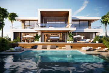 Fototapeta premium Luxury hotel. Contemporary modern house. Exterior of real estate. Holiday villa with swimming pool. Business resort. Travel during summer vacation