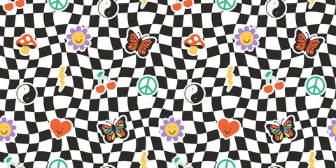 Fun retro cartoon sticker seamless pattern. Trendy 90s doodle icon background with flower, happy face and butterfly. Colorful vintage groovy art label wallpaper, cool emoticon symbol print. 