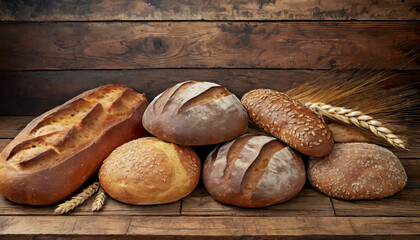 Loaves of different bread on wooden background with copy space