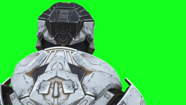 Military futuristic cyborg, robot. Realistic 4k green screen animation.