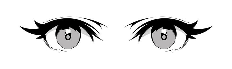 Anime woman eye close up on isolated background. Black and white japanese manga cartoon character, cute animation art style girl. Trendy Y2K eyes, chibi facial expression graphic, comic book girl.