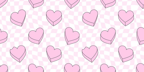 Pink heart candy seamless pattern illustration. Cute love hearts checkered background print. Valentine's day holiday backdrop texture, romantic wedding design. Wavy checker board grid texture.