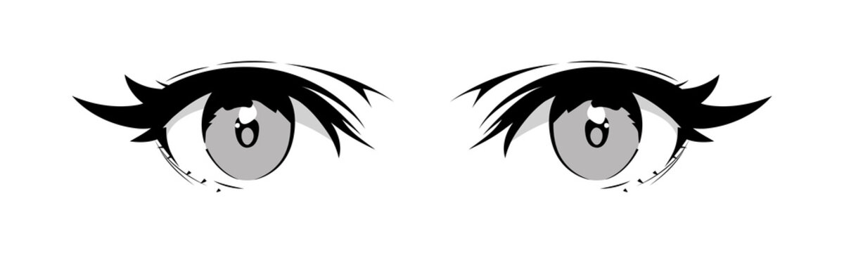 Anime woman eye close up on isolated background. Black and white japanese manga cartoon character, cute animation art style girl. Trendy Y2K eyes, chibi facial expression graphic, comic book girl.