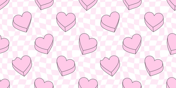 Pink heart candy seamless pattern illustration. Cute love hearts checkered background print. Valentine's day holiday backdrop texture, romantic wedding design. Wavy checker board grid texture.