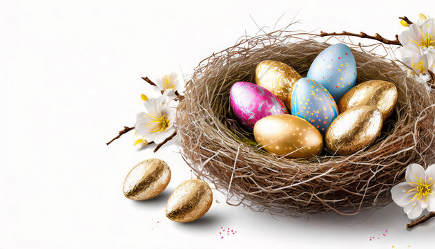 Nest with beautiful Easter eggs on white background with copy space