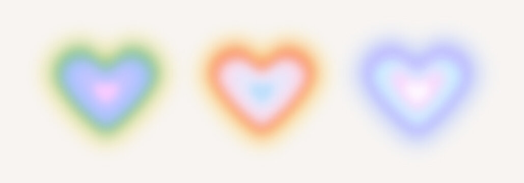 Colorful soft blur gradient heart shape background set. Trendy vintage love concept set. Aesthetic pastel color effect. Romantic rainbow blurred aura, abstract texture poster.