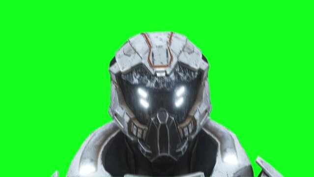 Military futuristic cyborg, robot. Realistic 4k green screen animation.