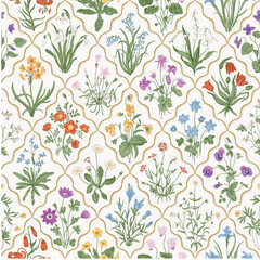 Millefleurs. Seamless pattern. Vintage vector botanical illustration. Colorful - 737142425