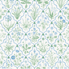 Millefleurs. Seamless pattern. Vintage vector botanical illustration. Blue and green