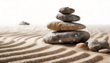 Stones on sand with lines against white background