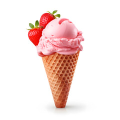 Strawberry ice cream in waffle cone isolated on a white background