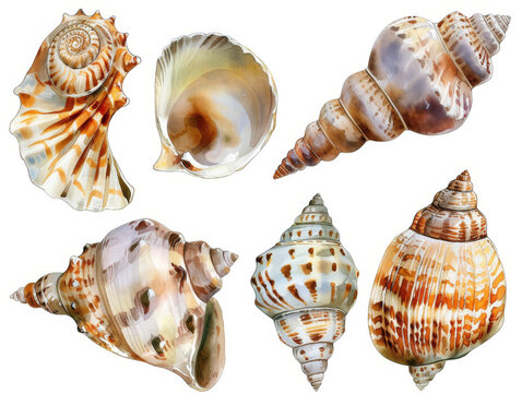 Illustration of a set of various beautiful shells in watercolor style. Marine theme