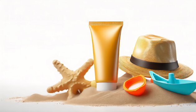 Sunscreen cream with beach sand toys on white background with copy space