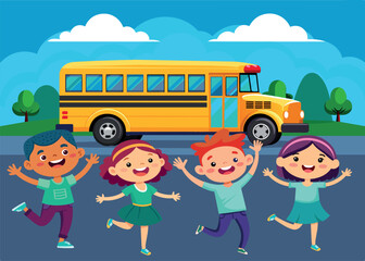 Illustration of School Kids Riding a Schoolbus