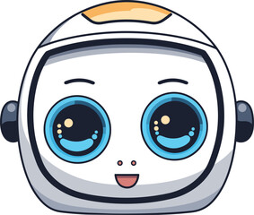 Cute astronaut robot head big eyes smiling face. Friendly AI character white background. Childfriendly space bot vector illustration