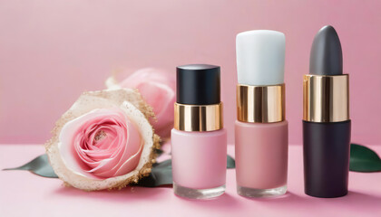 Obraz na płótnie Canvas Travel cosmetics bottles on soft pink background with copy space