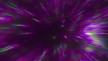 80s 90s retro sci-fi illustration, nostalgia. Prismatic futuristic dark striped background. VHS tape lined grainy noise texture. Horizontal scanlines. Rainbow rays explosion on black purple backdrop