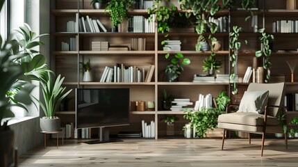Fototapeta na wymiar A contemporary-style bookshelf adorned with plants that serves as a modern decorative element for virtual office backdrops