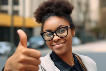 portrait of a beautiful and successful woman holding her thumb up