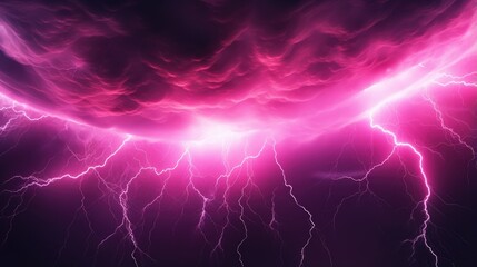 Illuminated Neon Pink Lightning Under Stormy Clouds. - obrazy, fototapety, plakaty