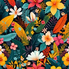 Lush Tropical Paradise with Vivid Flowers and Verdant Leaves.